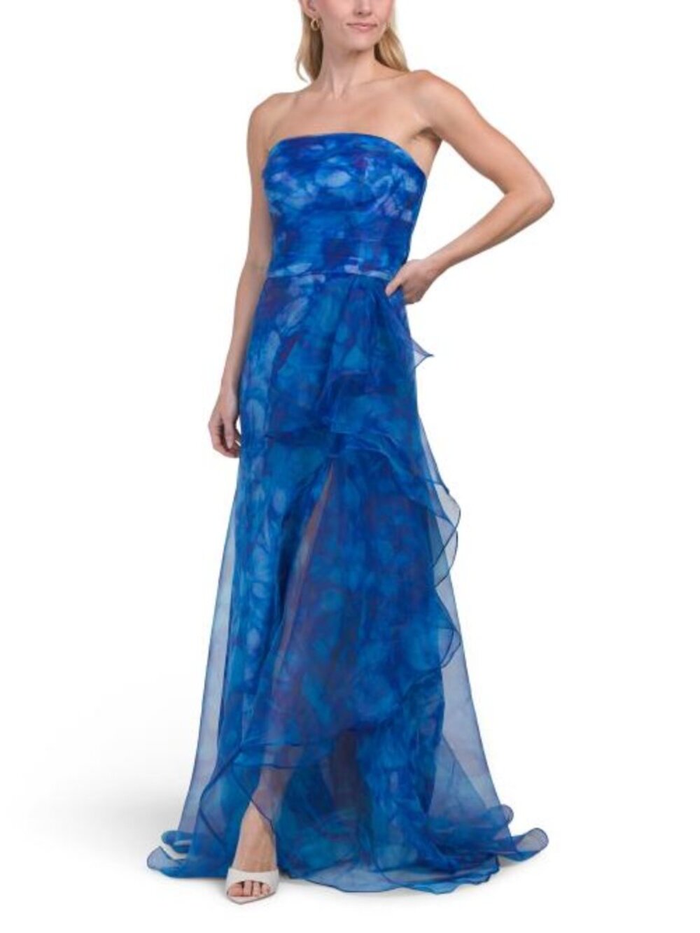 RENE BY RENE RUIZ Strapless Floral Organza Ruffle Gown